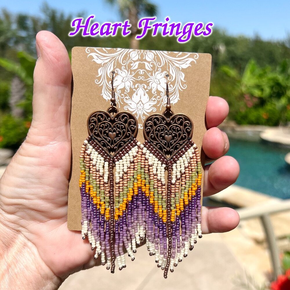Handmade Beaded Long Fringe Dangle Drop Sweetheart Copper Heart Post Earrings